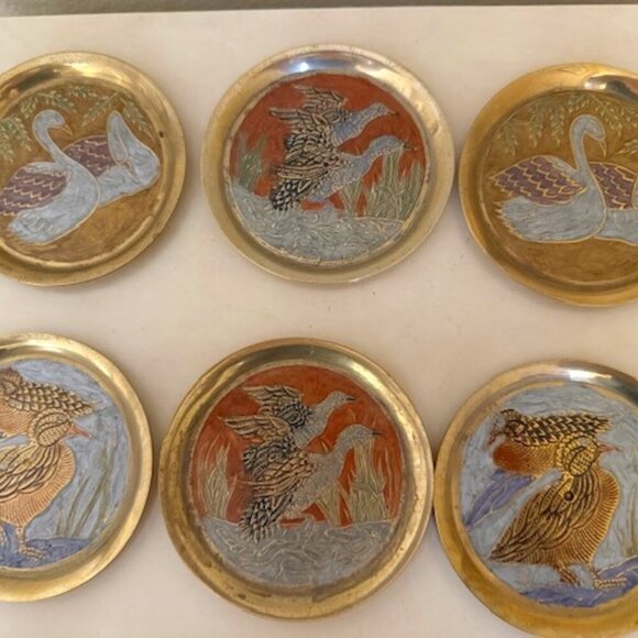 Vintage Metal coasters Birds Flowers Cloisonné Enameled Brass - Picture 1 of 6